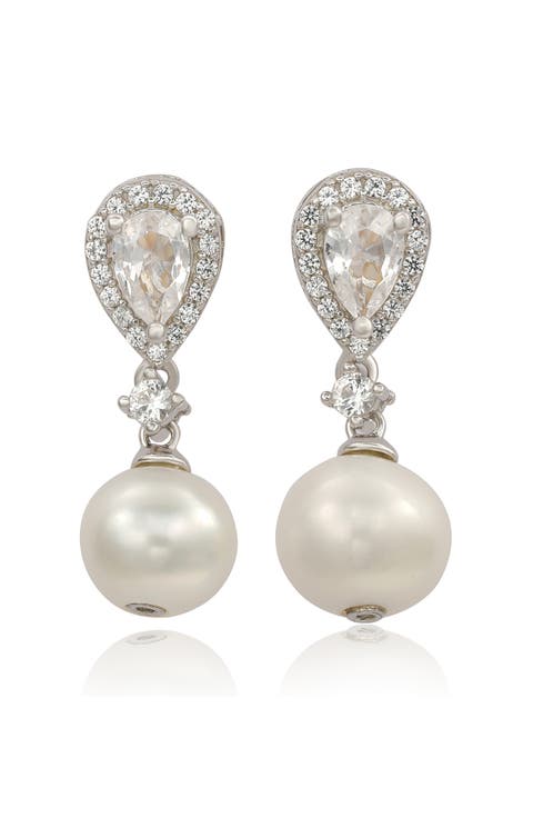 Sterling Silver Freshwater Pearl & Lab Grown White Sapphire Drop Earrings