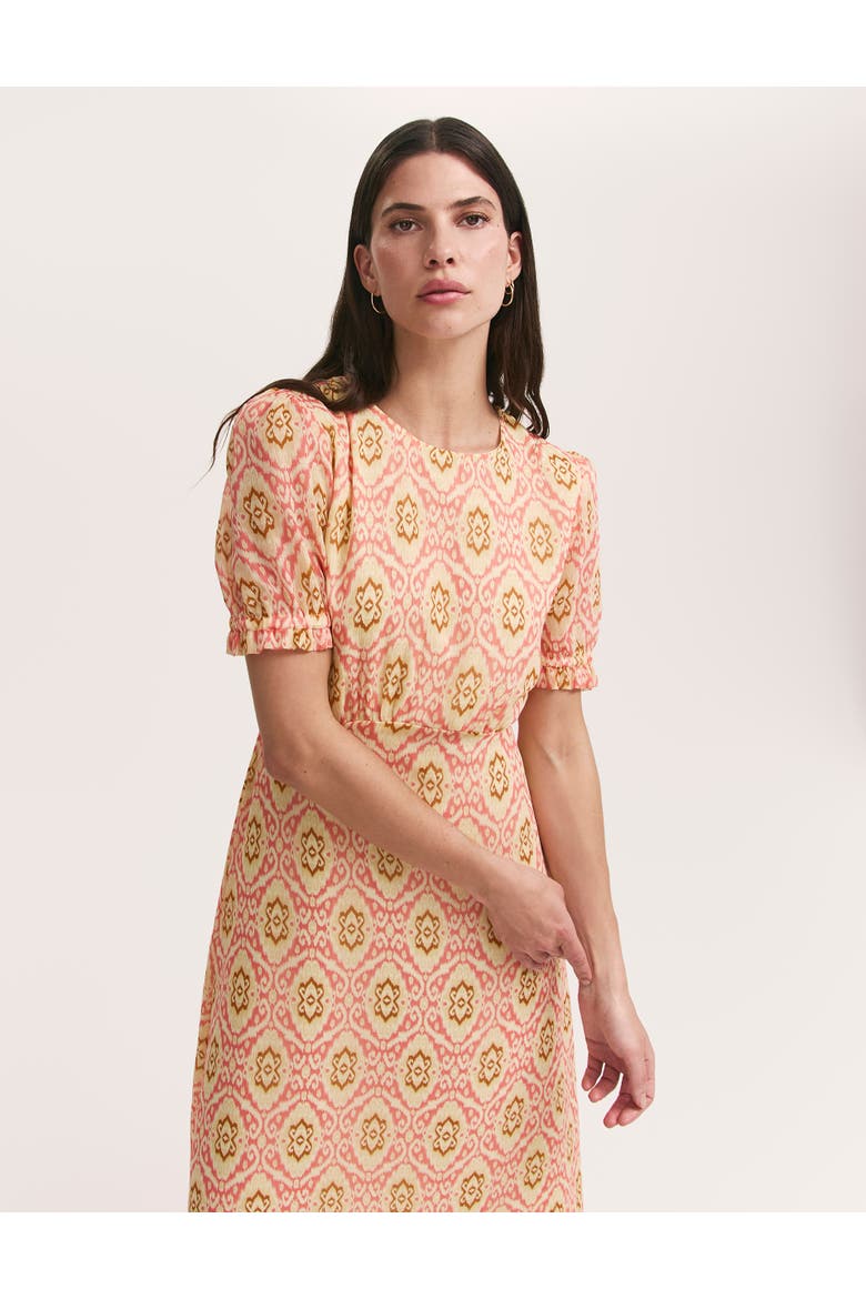Mela Printed Midi Tea Dress, Alternate, color, Coral Ikat