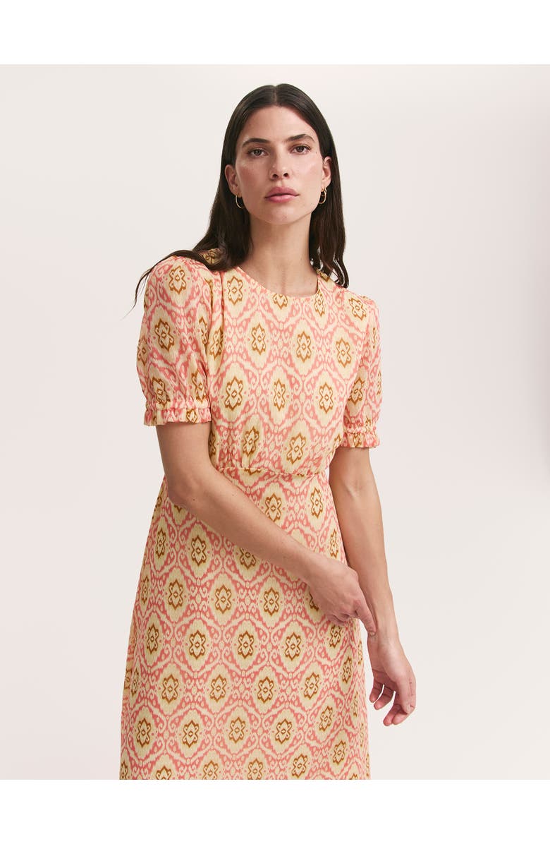 Finery London Mela Printed Midi Tea Dress, Alternate, color, Coral Ikat