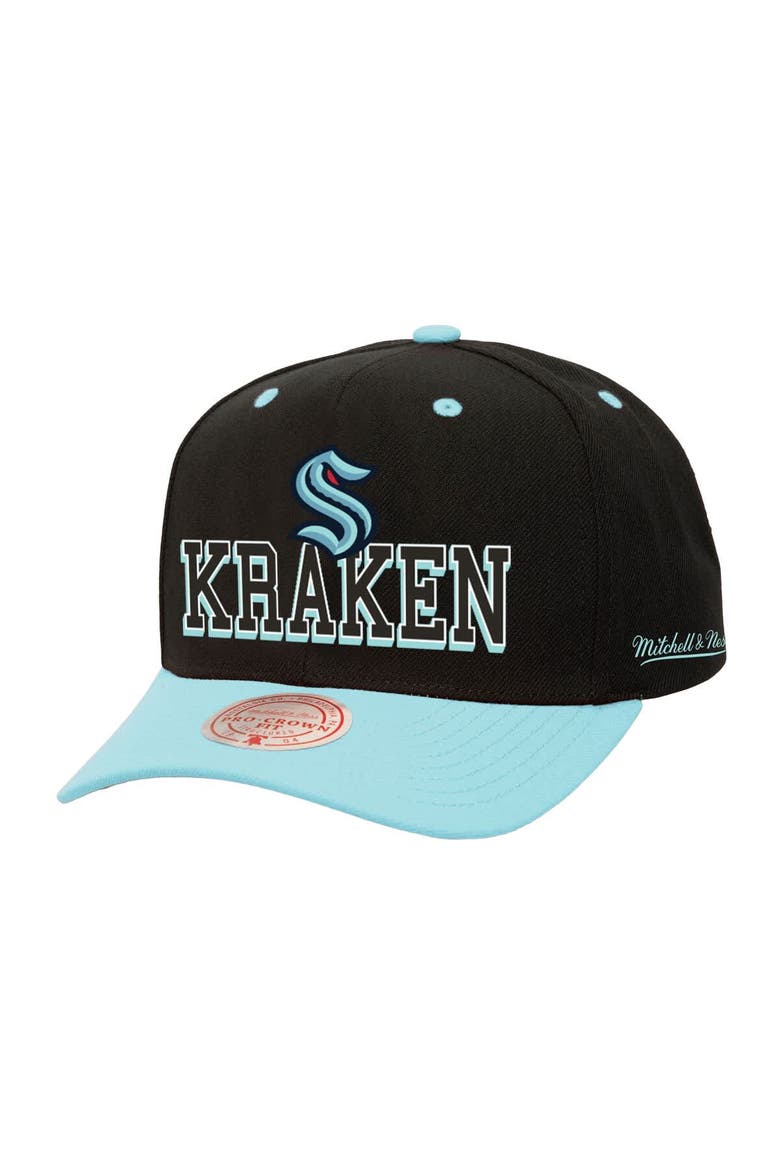 Men's Mitchell & Ness Black/Light Blue Seattle Kraken Backside Script Two-Tone Pro Crown Adjustable Hat, Main, color, Black