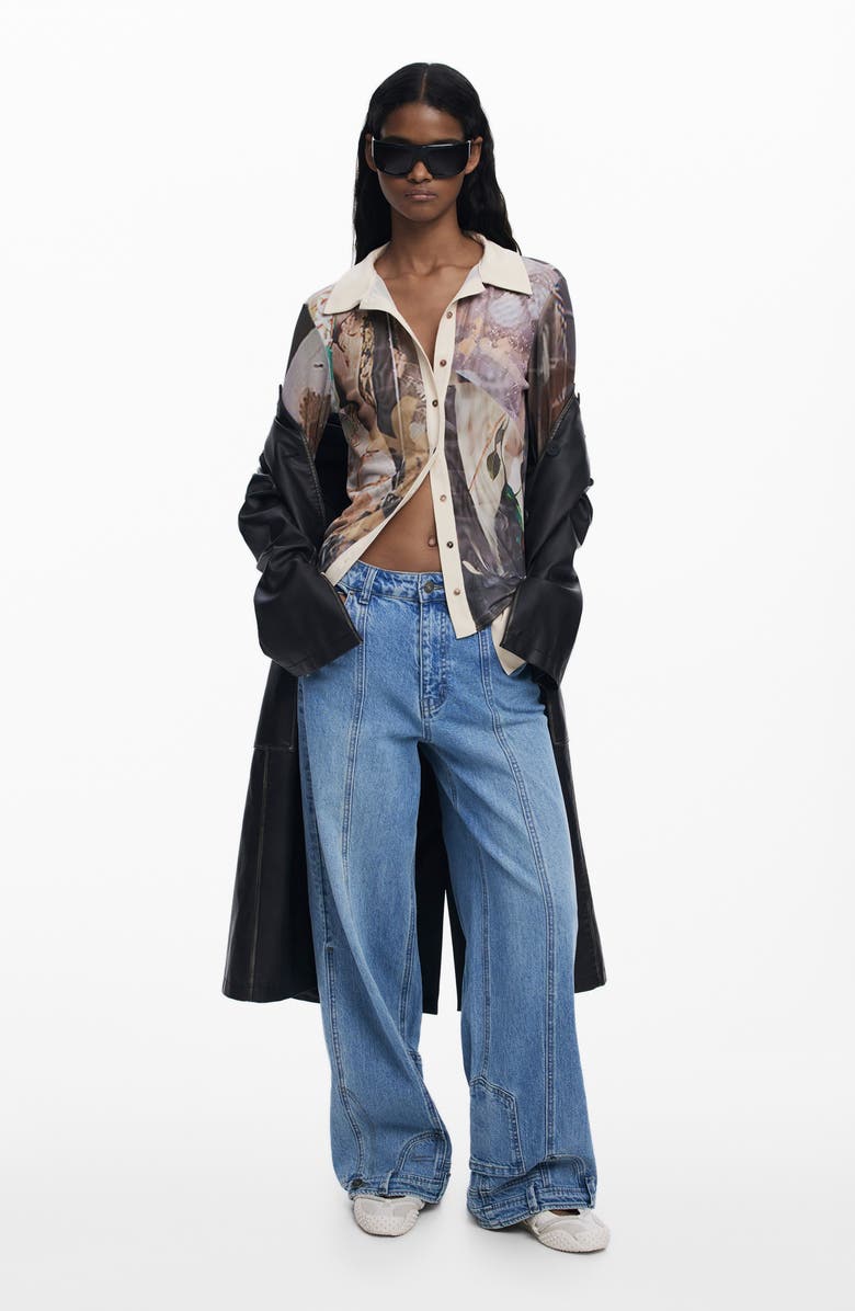 Desigual Rib Trim Mesh Button-Up Shirt, Alternate, color,