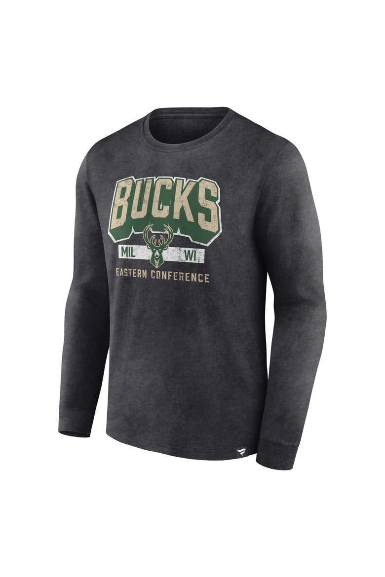 Men's Fanatics Branded Heather Charcoal Milwaukee Bucks Front Court Press Snow Wash Long Sleeve T-Shirt, Alternate, color, Heather Charcoal