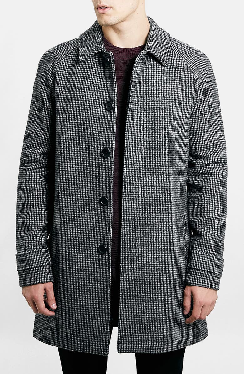 Topman Houndstooth Wool Blend Mac Coat, Main, color,