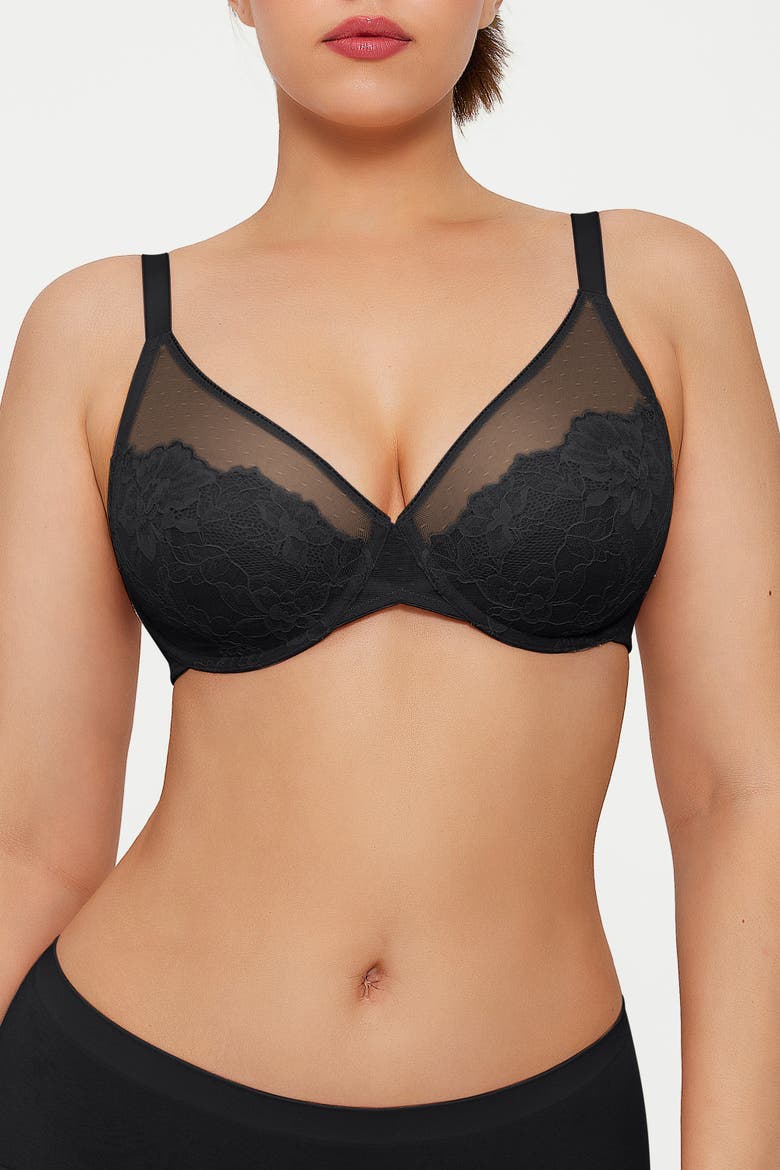 Lightweight Underwire Minimizer Lace Mesh Bra, Alternate, color, Classic black