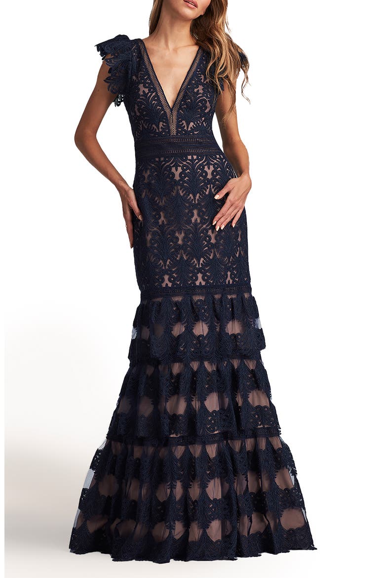 Flutter Sleeve Tiered Plunge Neck Gown, Alternate, color, ROYAL NAVY