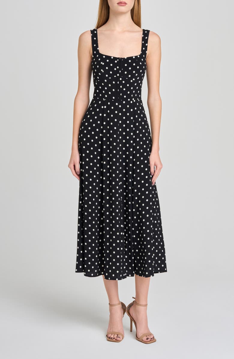 WAYF Leonie Polka Dot Corset Midi Dress, Main, color, Black Polka Dot