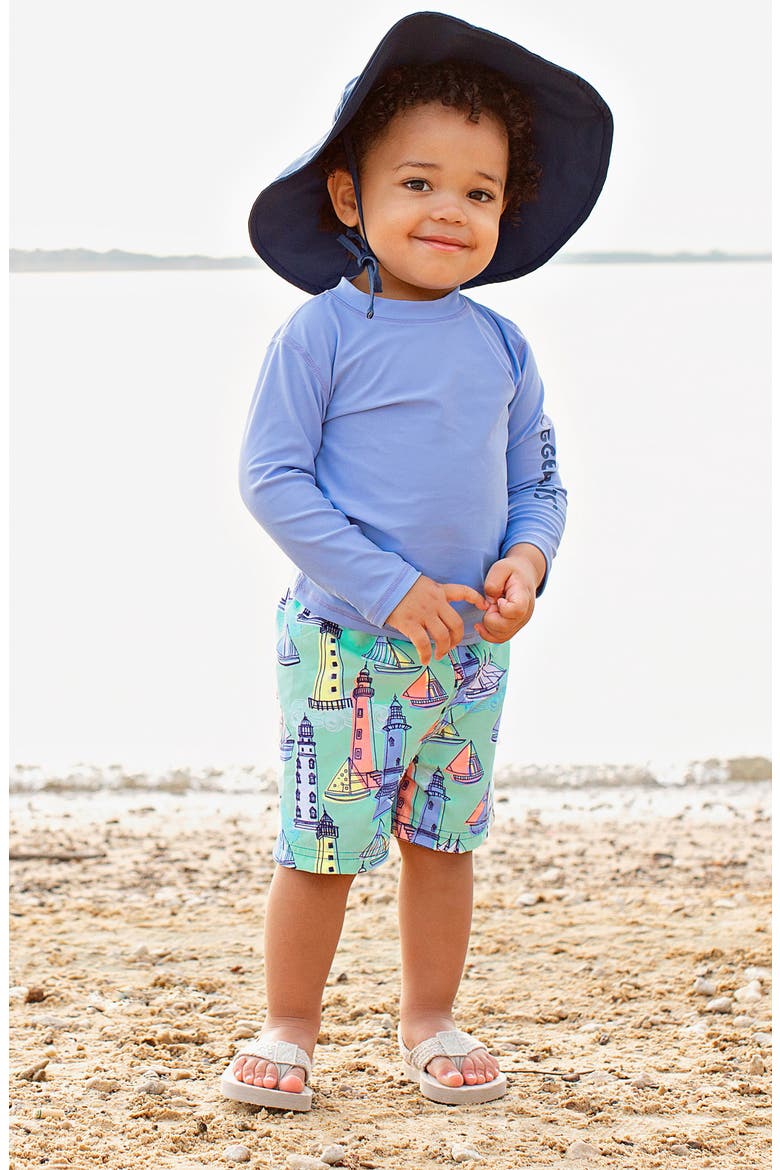 Two-Piece Rashguard Swimsuit & Floppy Hat Set, Alternate, color, BLUE