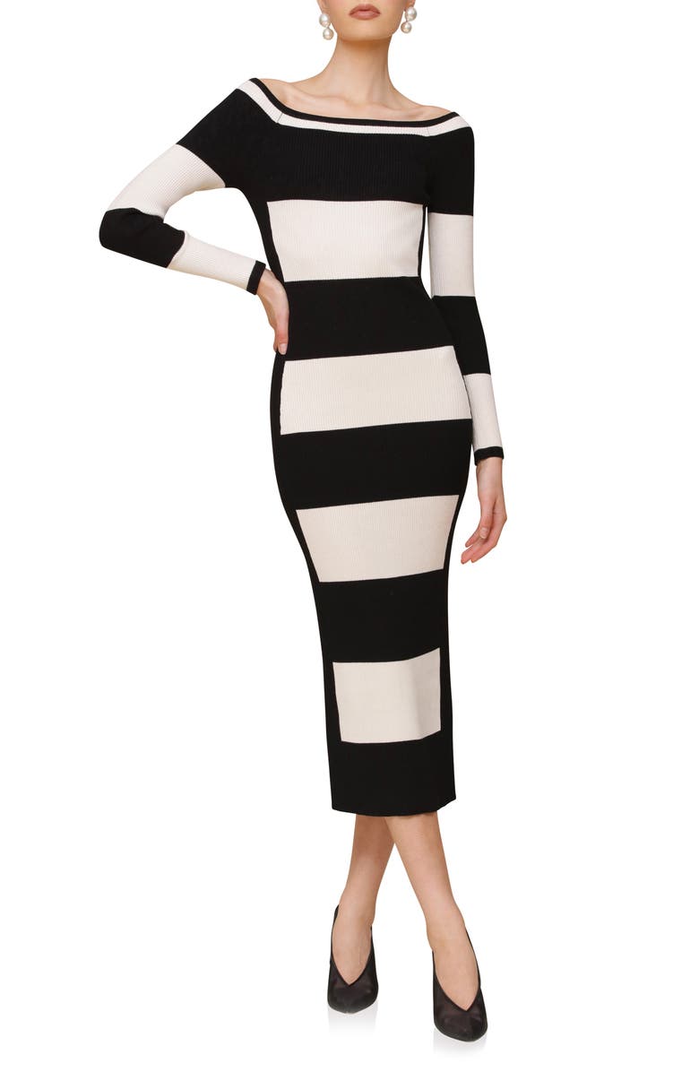 Avec Les Filles Stripe Off the Shoulder Long Sleeve Maxi Sweater Dress, Main, color, 