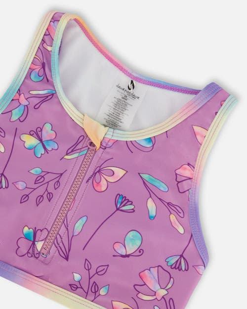 DEUX PAR DEUX DEUX PAR DEUX GIRL'S PRINTED TWO-PIECE SWIMSUIT OLD MAUVE AND MULTICOLORED BUTTERFLIES