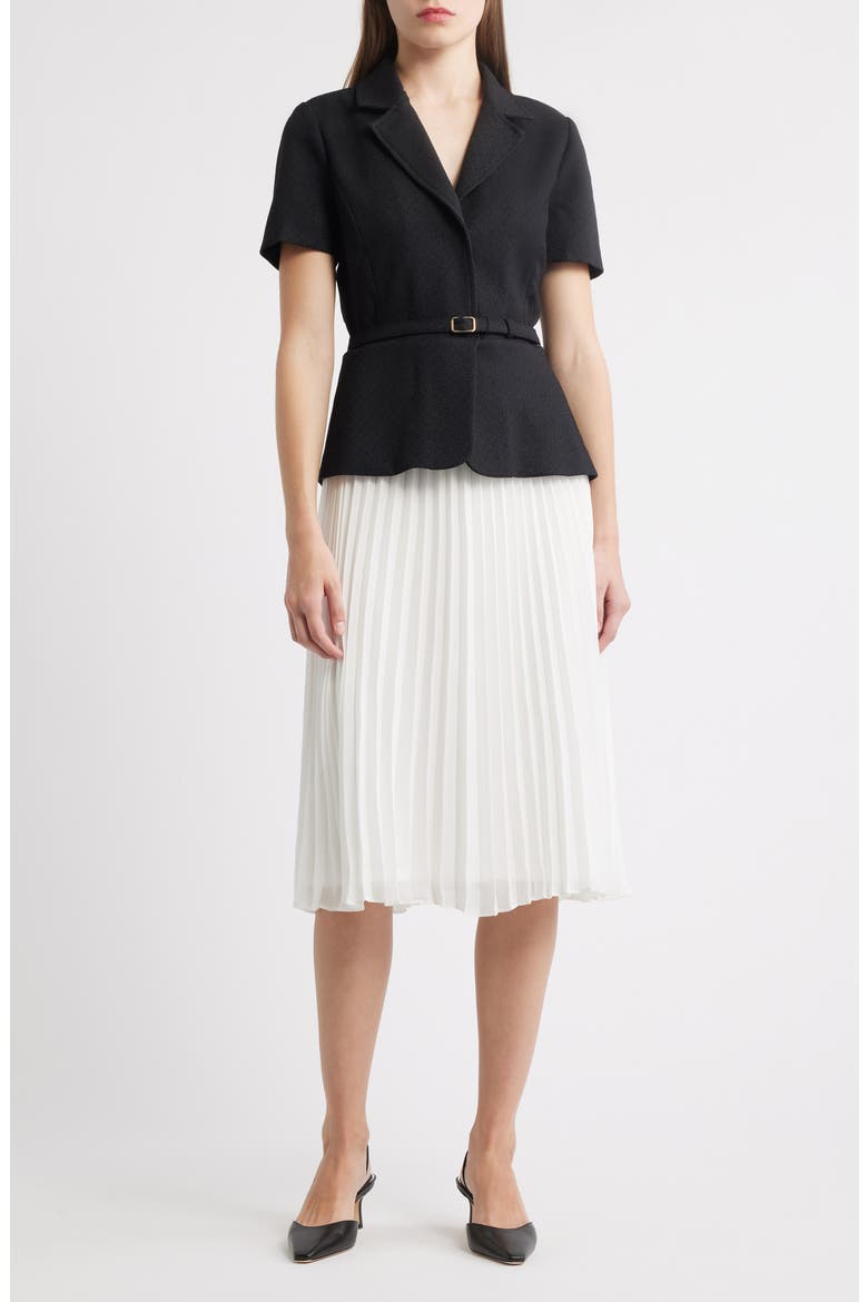 Faux Two-Piece Short Sleeve Belted Midi Dress, Main, color, BLACK/IVOR