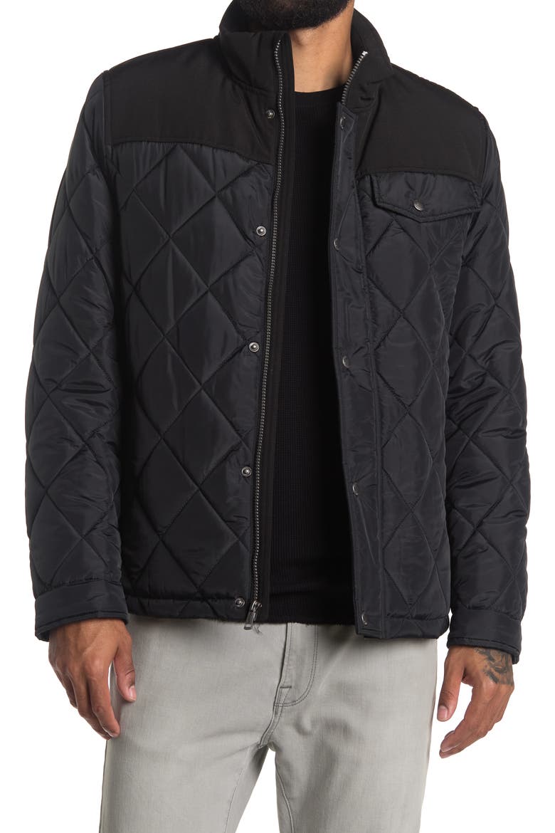 COLE HAAN Mixed Media Faux Shearling Lined Diamond Quilted Jacket, Main, color, BLACK