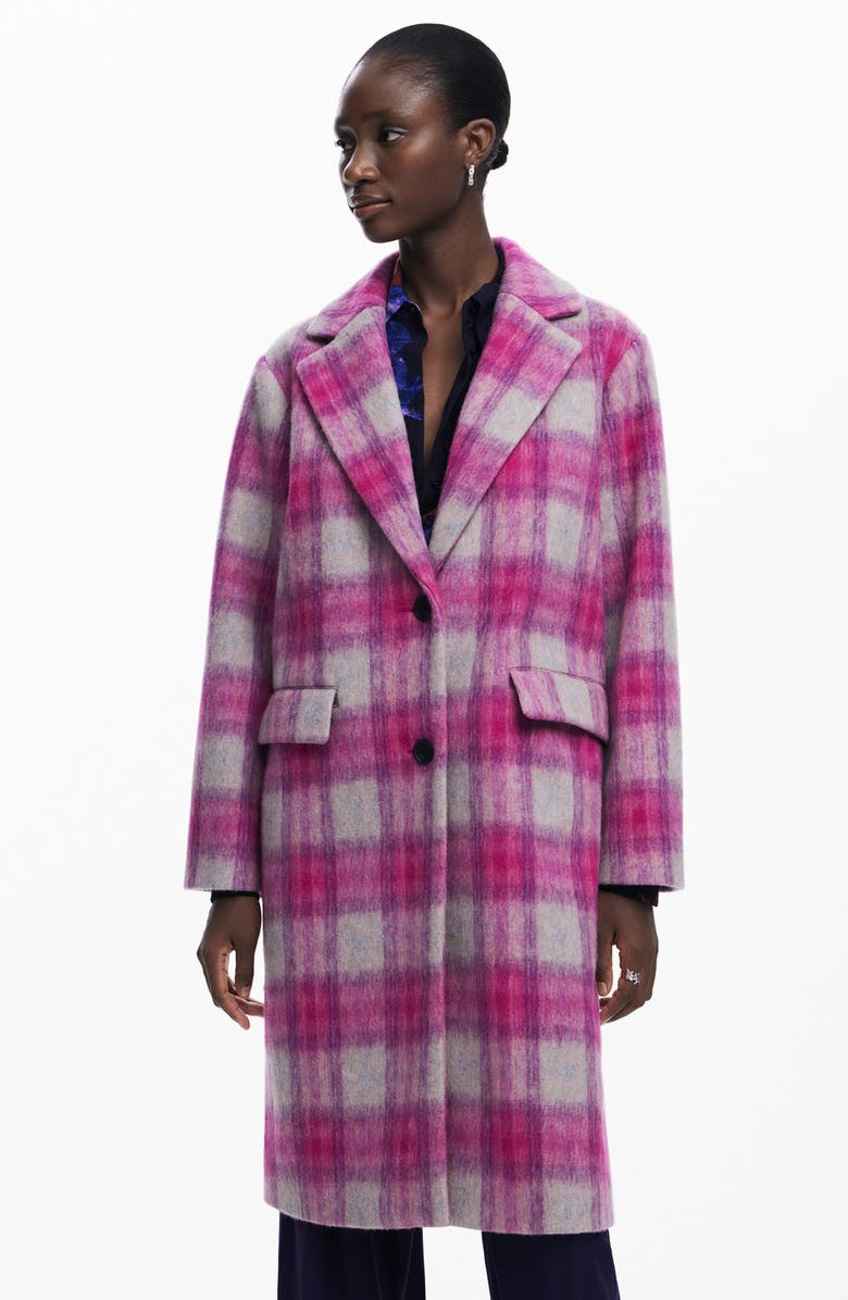 Desigual Cuadro Plaid Coat, Alternate, color, Pink