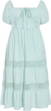 City Chic Haven Lace Trim Puff Sleeve Midi Dress