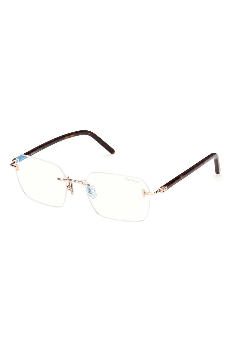 TOM FORD 54mm Rectangular Blue Light Blocking Optical Glasses, Alternate, color, Rose Gold Black / T Logo