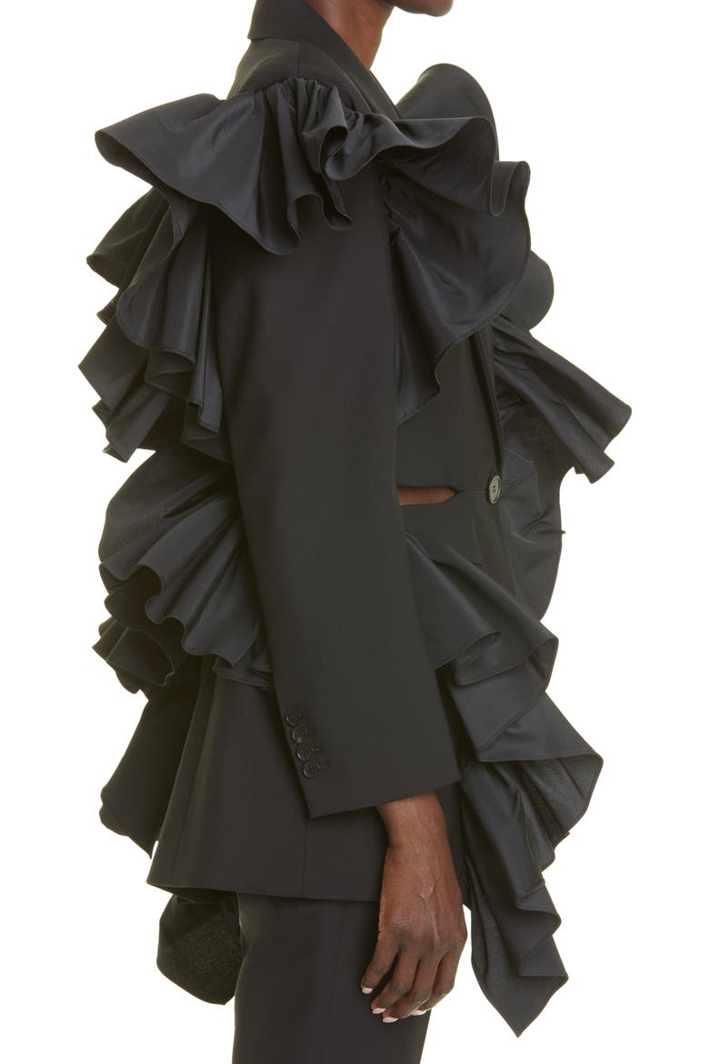Alexander McQueen Open Back Ruffle Blazer, Alternate, color, BLACK