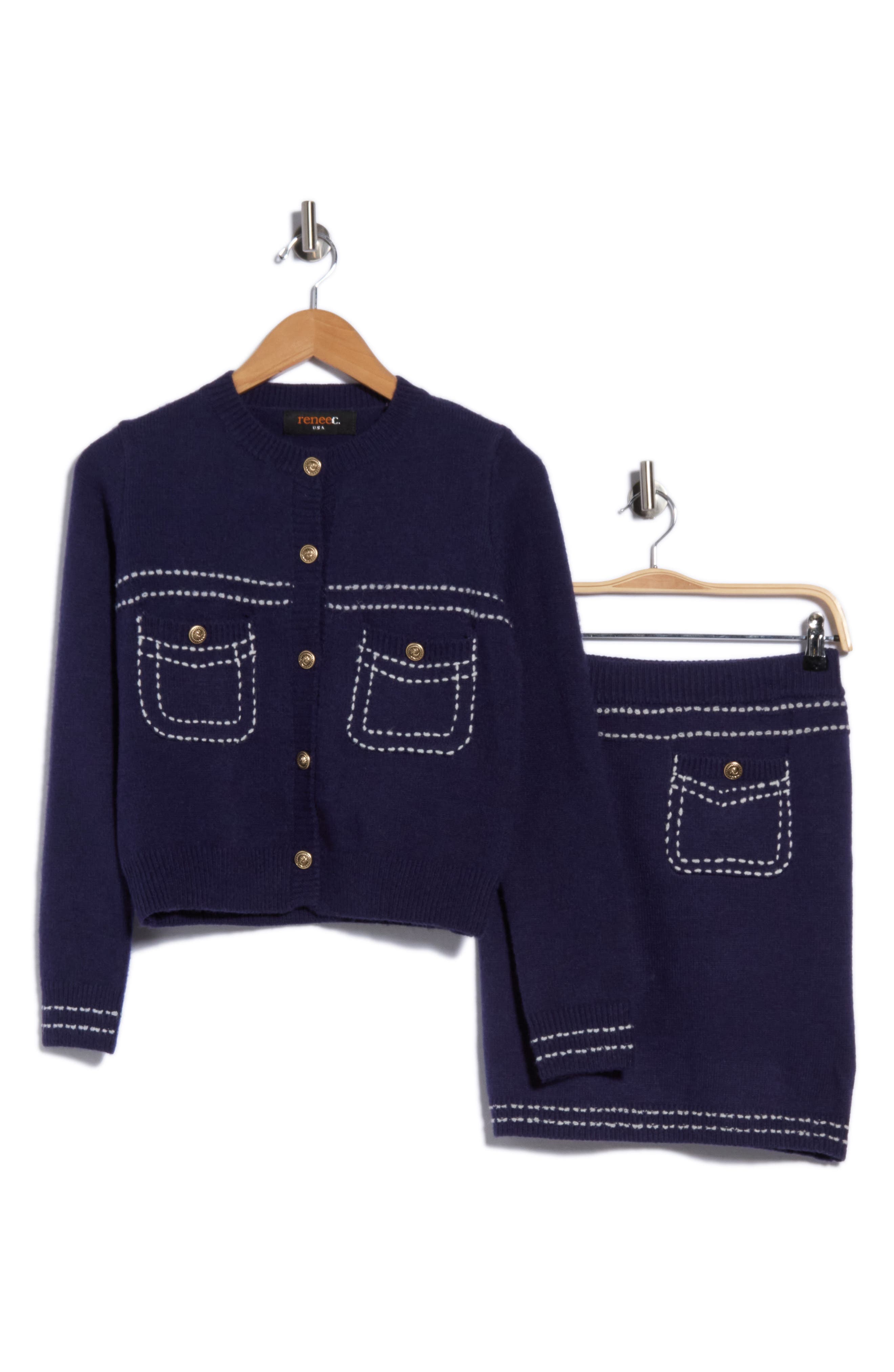 Renee C Contrast Stitched Cardigan And Skirt Set In Navy