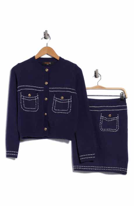 Contrast Stitched Cardigan and Skirt Set