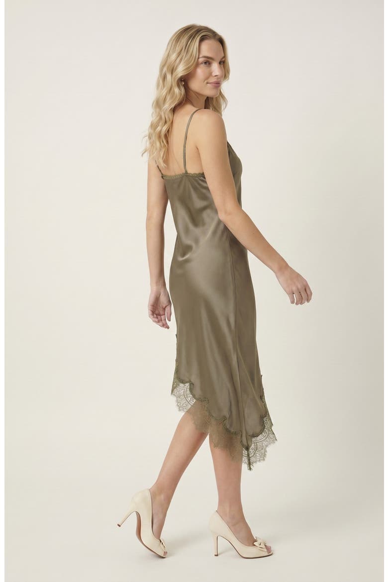 Asymmetric Satin Slip Dress with Lace Trim, Alternate, color, Beige