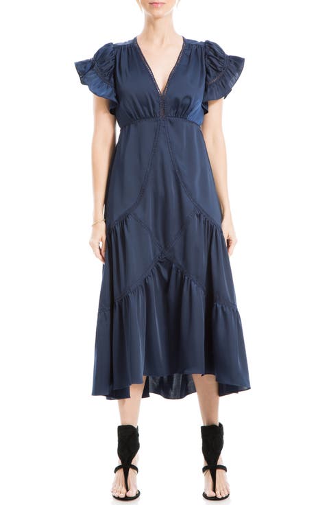 Flutter Sleeve Satin Midi Dress