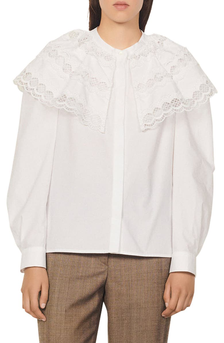SANDRO Ernesta Lace Yoke Cotton Blouse, Main, color,