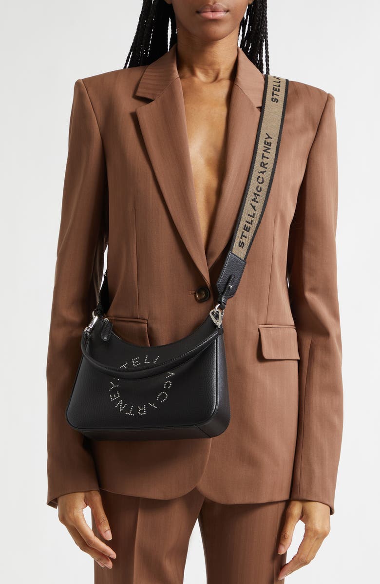 Stella McCartney Small Studded Logo Faux Leather Shoulder Bag, Alternate, color, Black