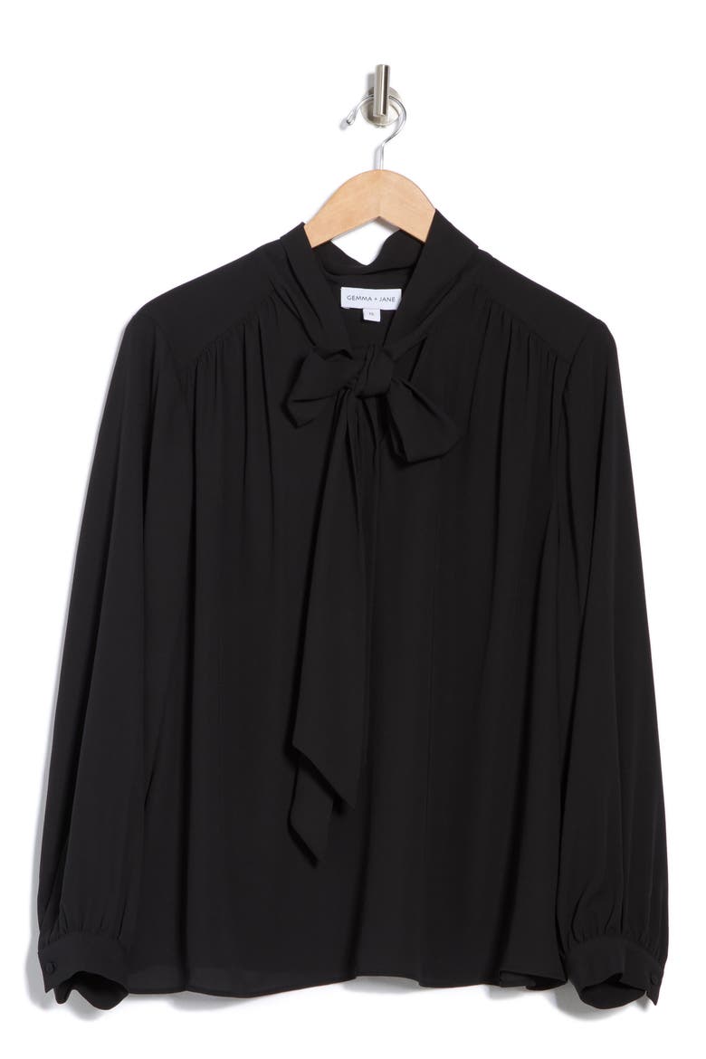Tie Neck Long Sleeve Top, Alternate, color, BLACK