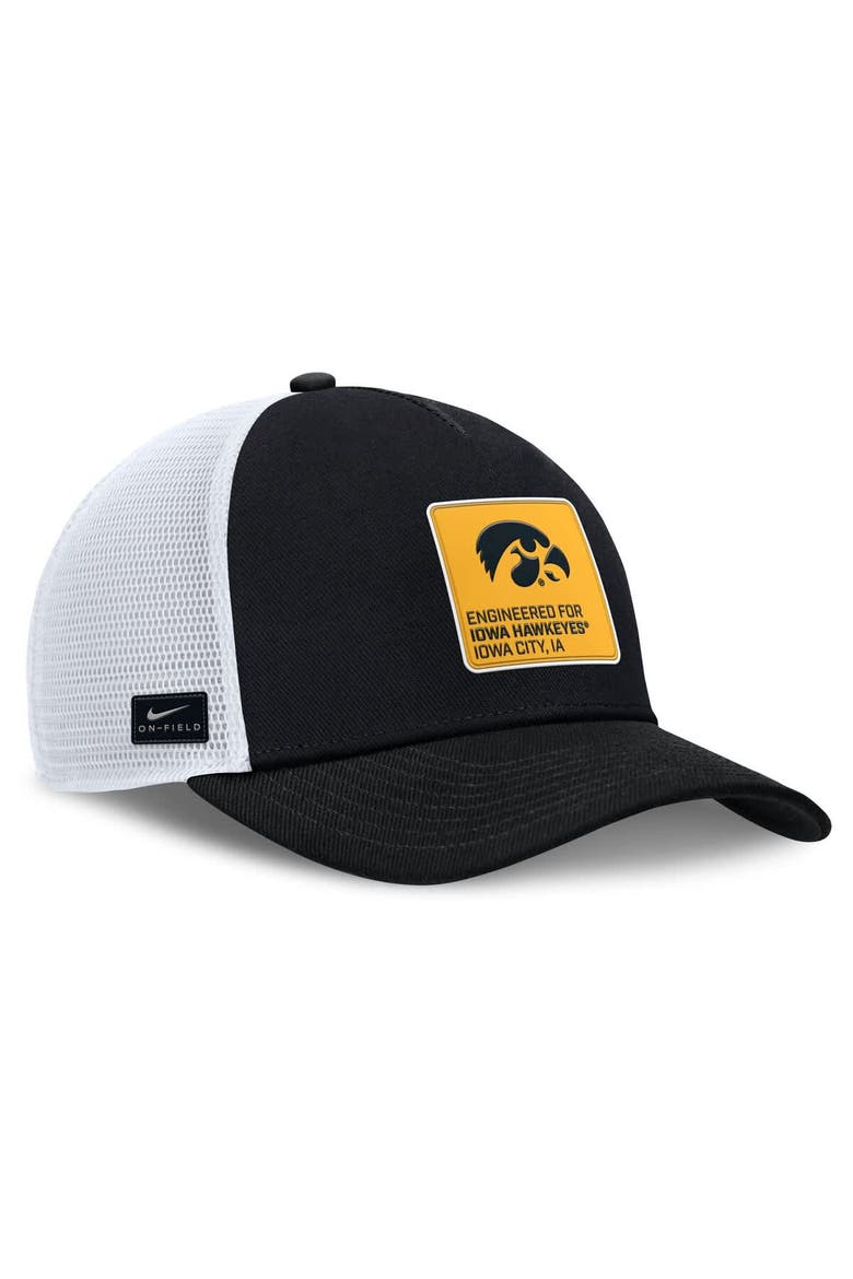 Men's Nike  Black/White Iowa Hawkeyes 2025 On-Field Rise Engineered Trucker Adjustable Hat, Alternate, color, Black