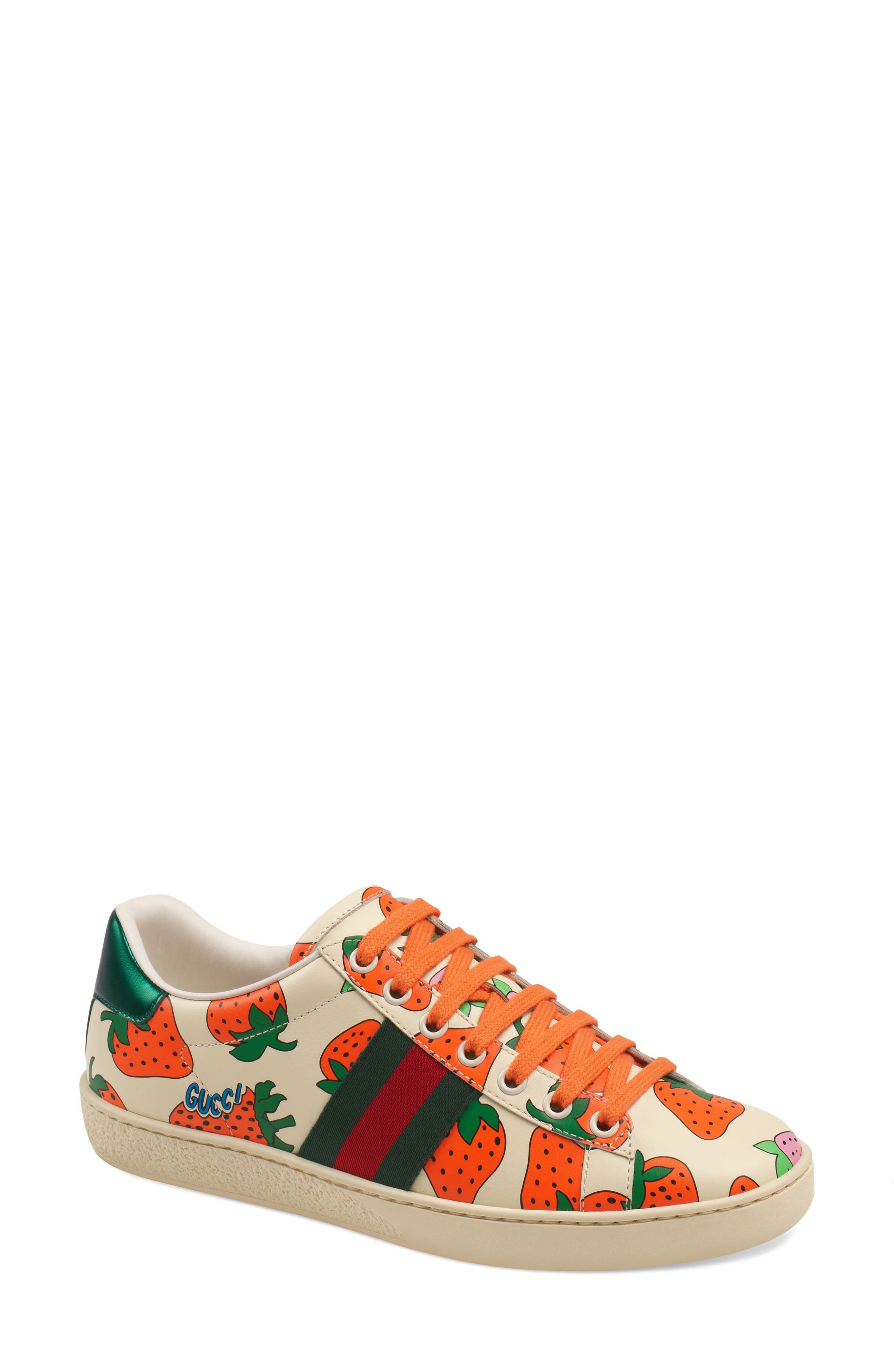 Gucci New Ace Strawberry Print Sneaker, Main, color, 
