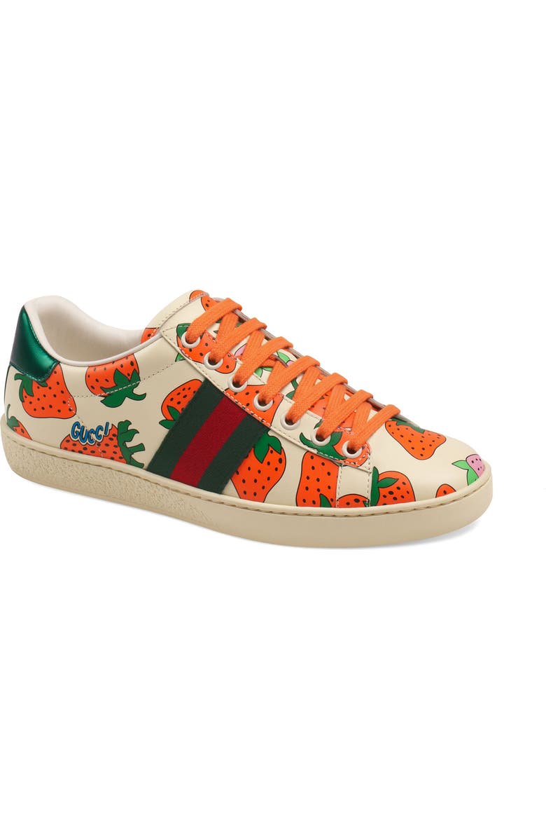 Gucci New Ace Strawberry Print Sneaker, Main, color,