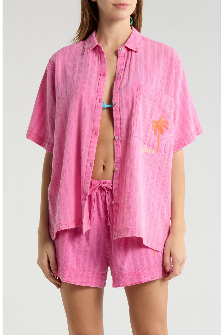 Hotel Malibu Embroidered Yarn Dyed Stripe Button-Up Shirt, Main, color, SUPER PINK