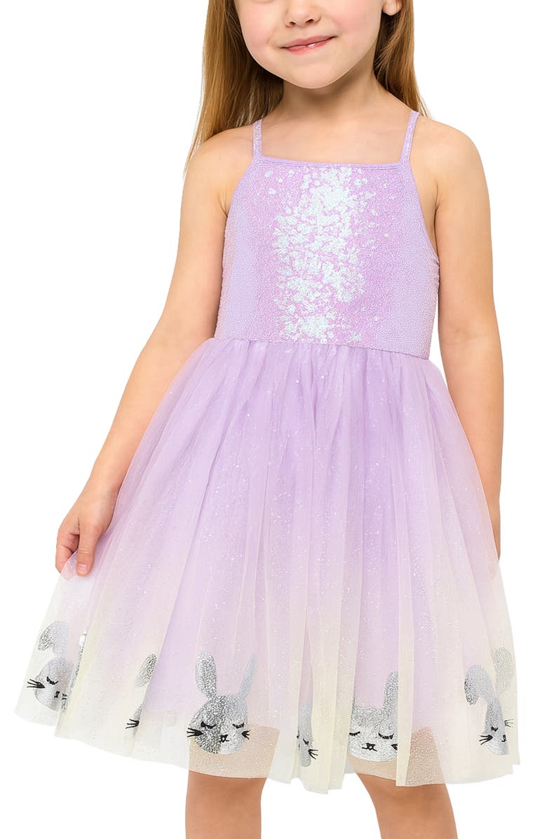 Zunie Kids' Sequin Bunny Border Tulle Party Dress, Alternate, color, Lilac/ Yellow