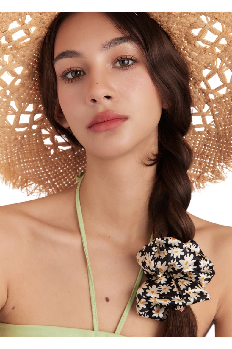 Daisy Silk Scrunchie, Alternate, color, Black