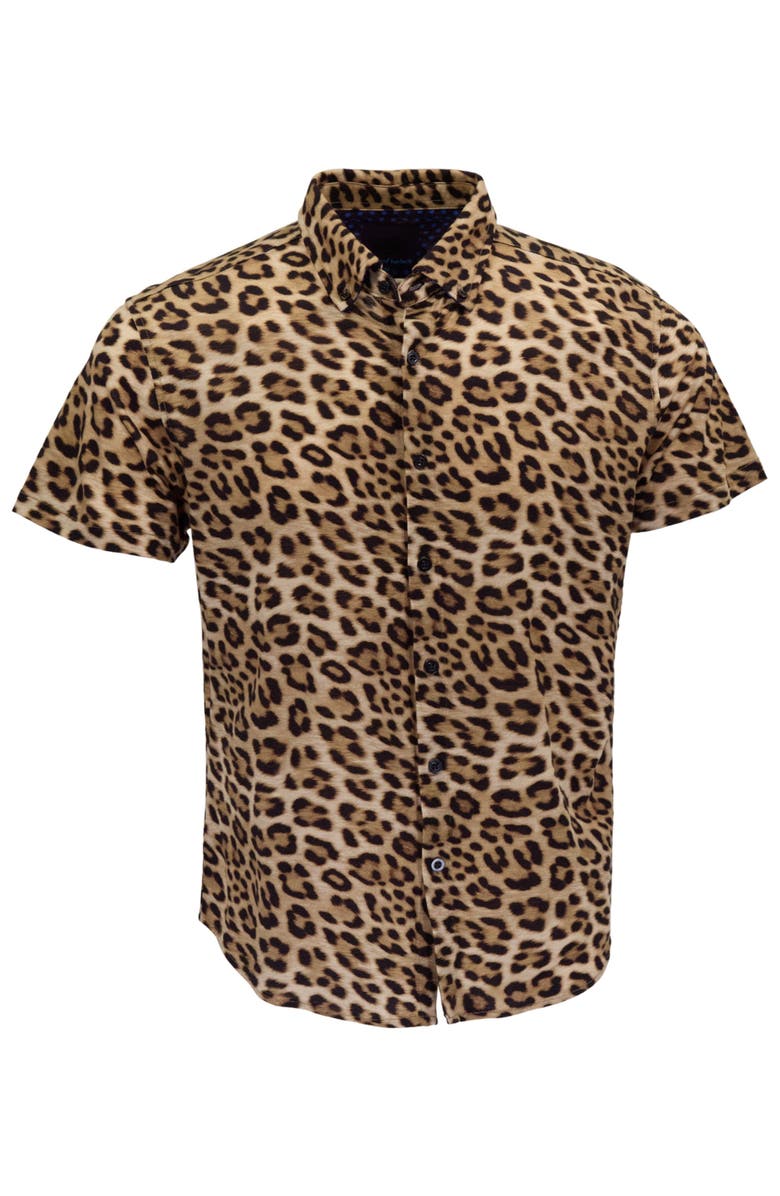 Lords of Harlech Leopard Mens Merino Wool Button-up Shirt, Alternate, color, Leopard Brown