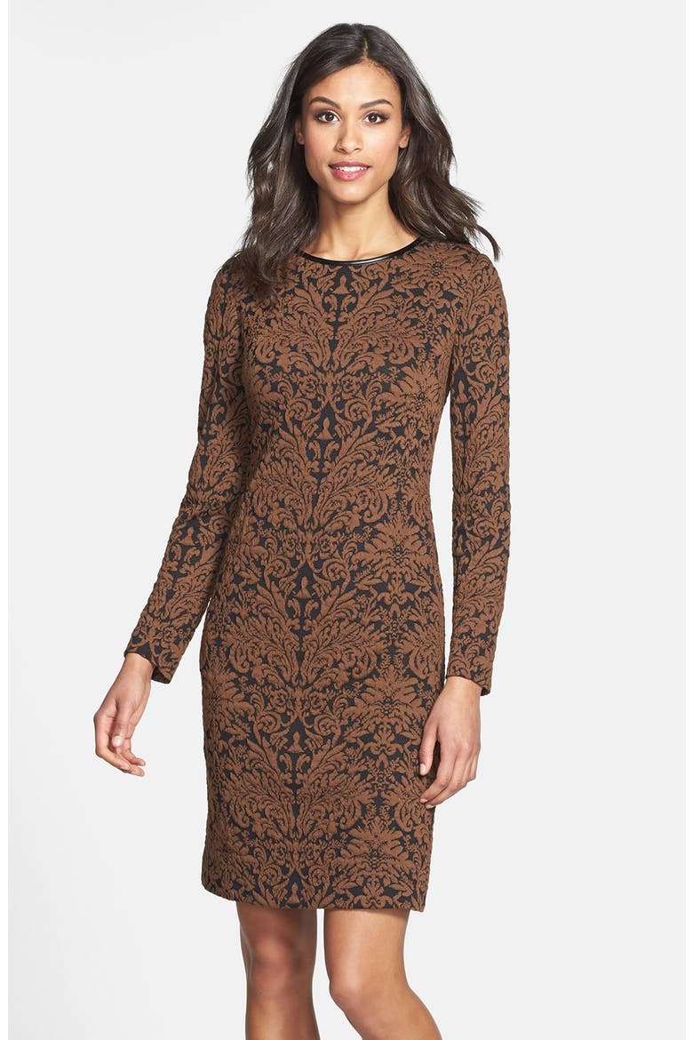 Long Sleeve Jacquard Sheath Dress, Main, color, BLACK/ BROWN