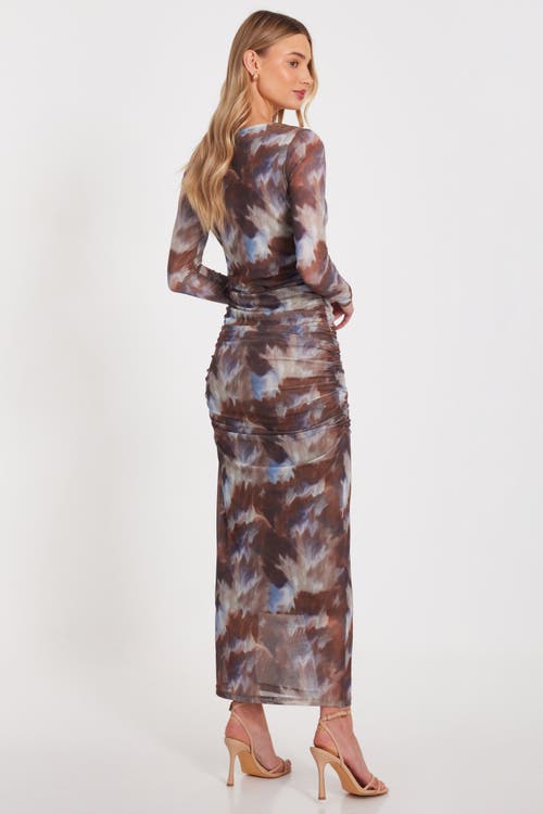 Quiz Mesh Long Sleeve Maxi Dress In Brown