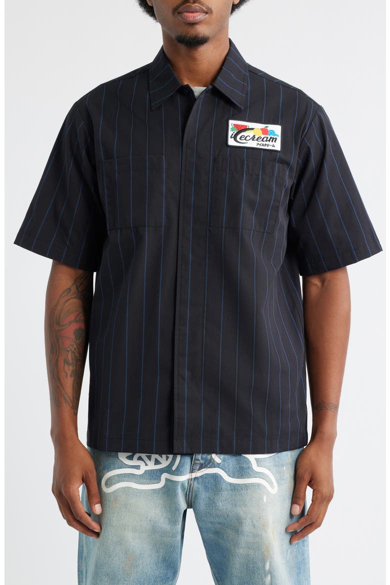 Fruit by the Fruit Stripe Short Sleeve Cotton Graphic Button-Up Shirt, Alternate, color, BLACK