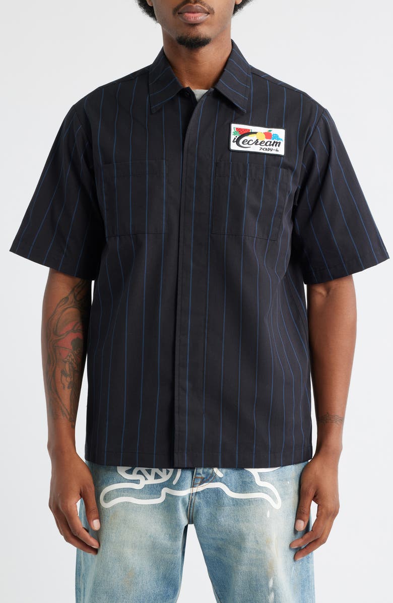 ICECREAM Fruit by the Fruit Stripe Short Sleeve Cotton Graphic Button-Up Shirt, Alternate, color, Black