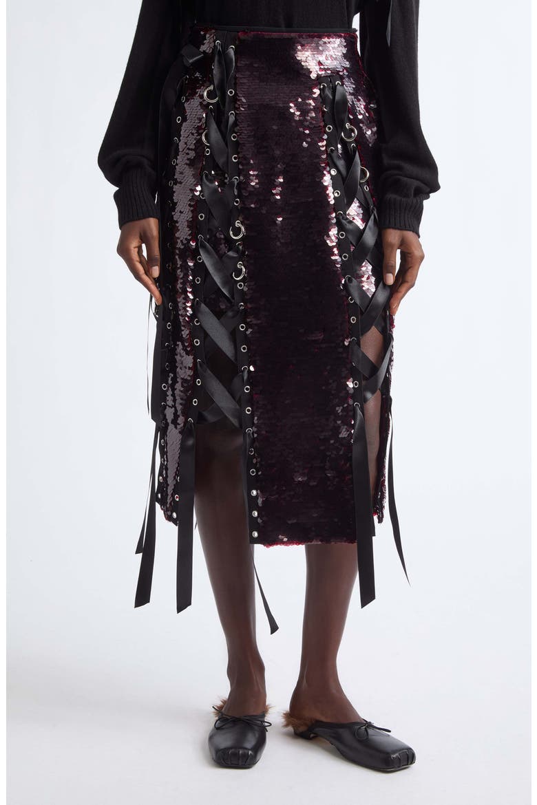 Unraveling Ribbon Ring Sequin Midi Skirt, Main, color, DEEP RED