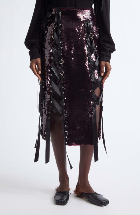 Unraveling Ribbon Ring Sequin Midi Skirt