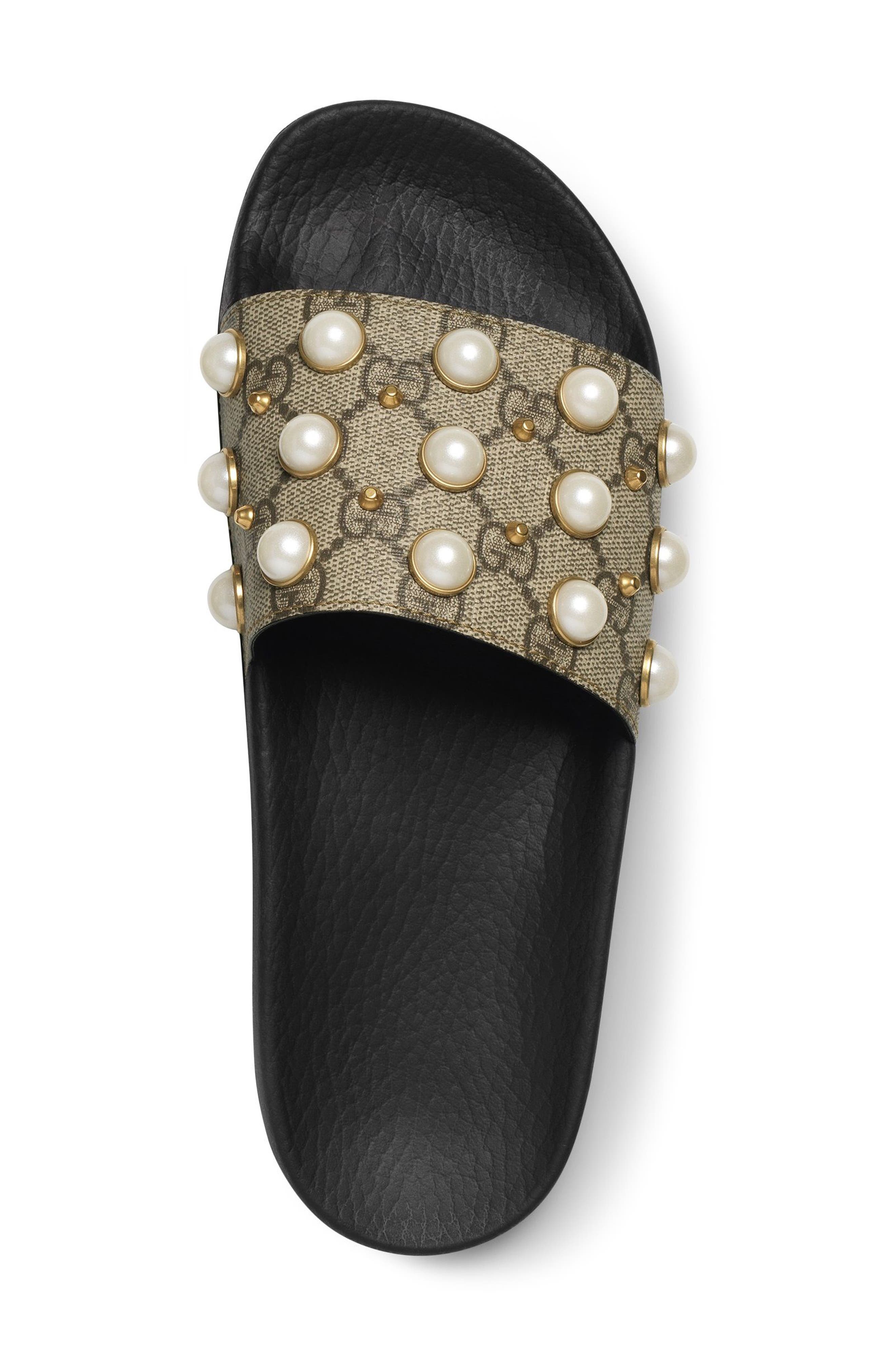 Gucci Pursuit Imitation Pearl Embellished Slide Sandal, Alternate, color, 