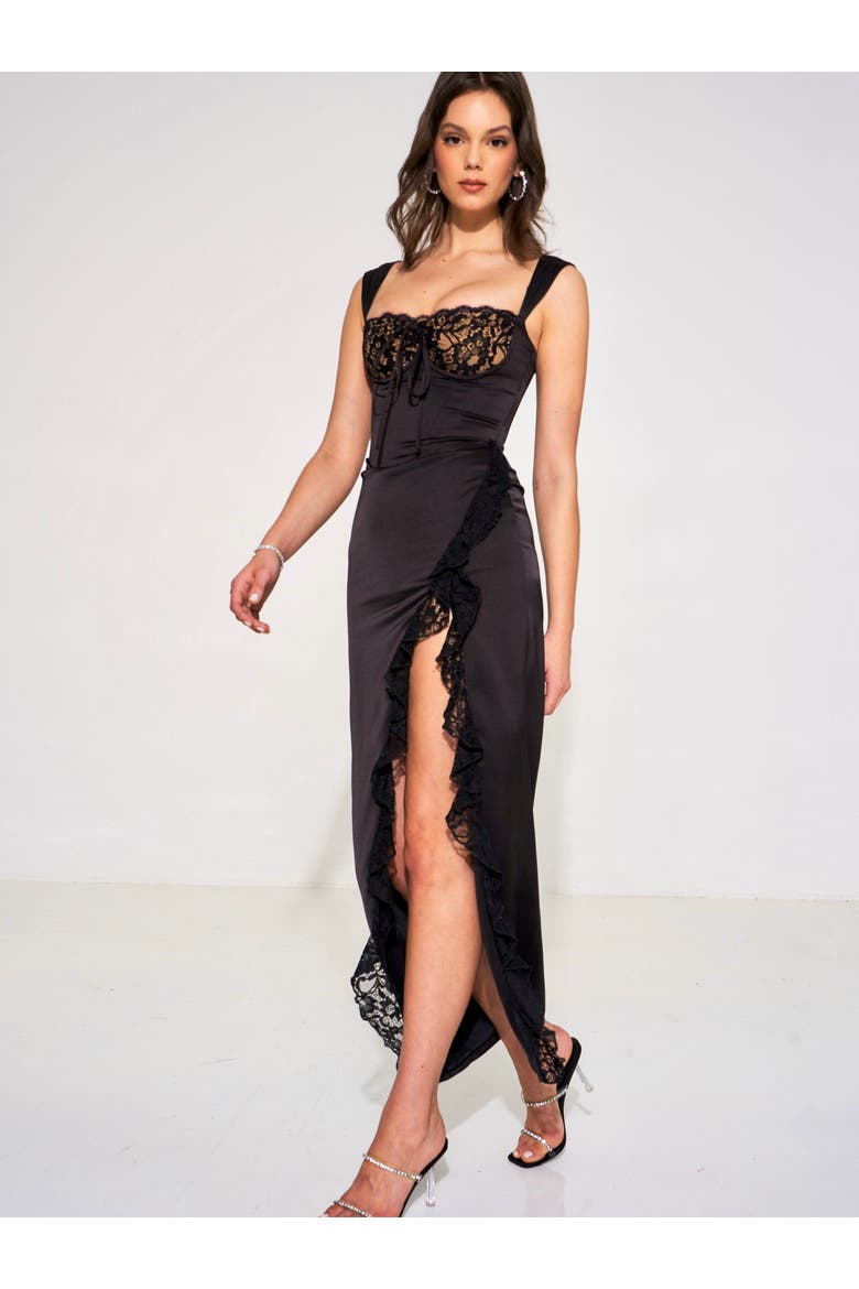 Freddie Corset Lace Satin Maxi Dress, Alternate, color, Black