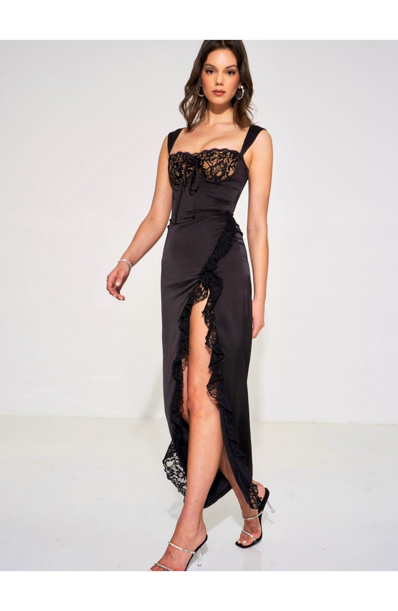 Miss Circle Freddie Corset Lace Satin Maxi Dress, Alternate, color, Black