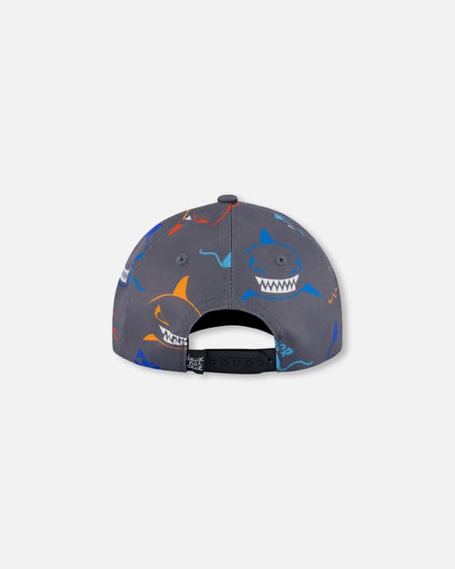 Deux Par Deux Baby Boy's Printed Cap Orange, Red, And Blue Sharks On Gray In Orange Red And Blue Sharks