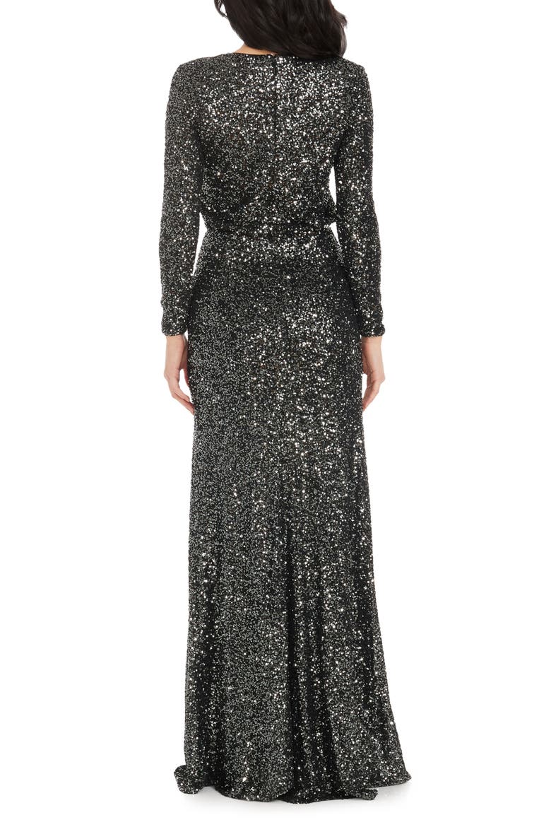 Mischa Sequin Side Slit Long Sleeve Gown, Alternate, color, GUNMETAL
