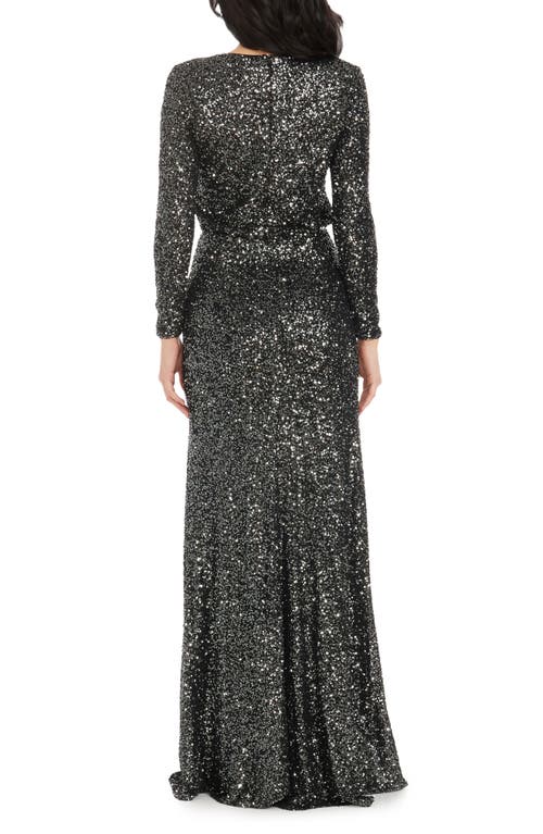 DRESS THE POPULATION DRESS THE POPULATION MISCHA SEQUIN SIDE SLIT LONG SLEEVE GOWN