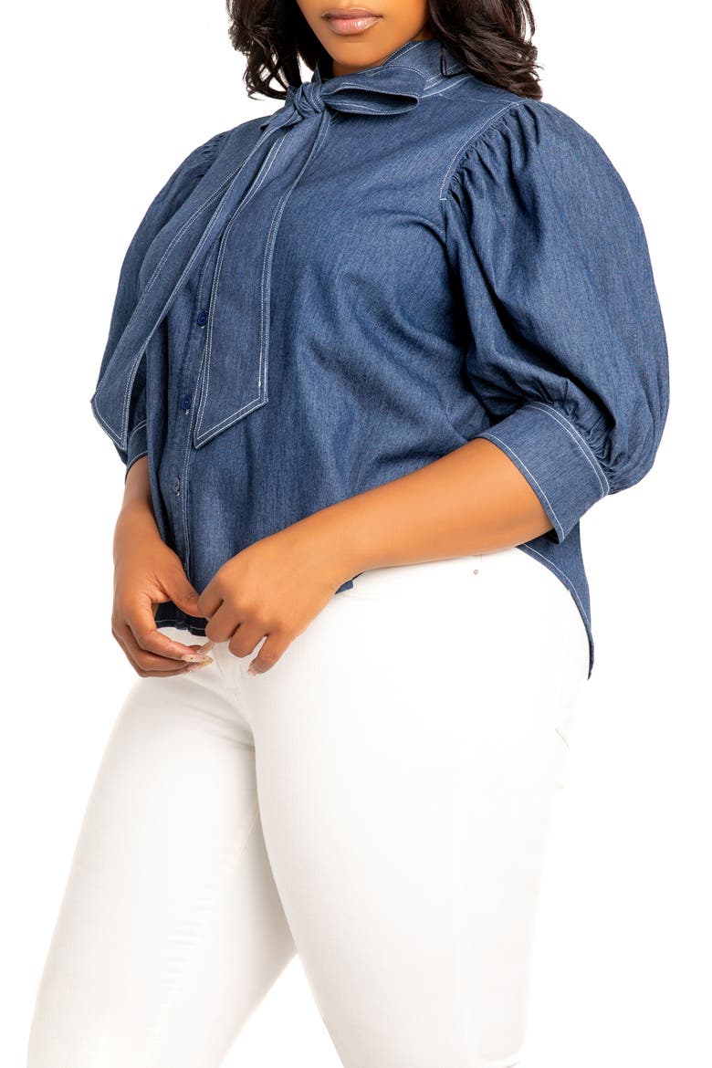 Bow Neck Denim Shirt, Alternate, color, DENIM BLUE