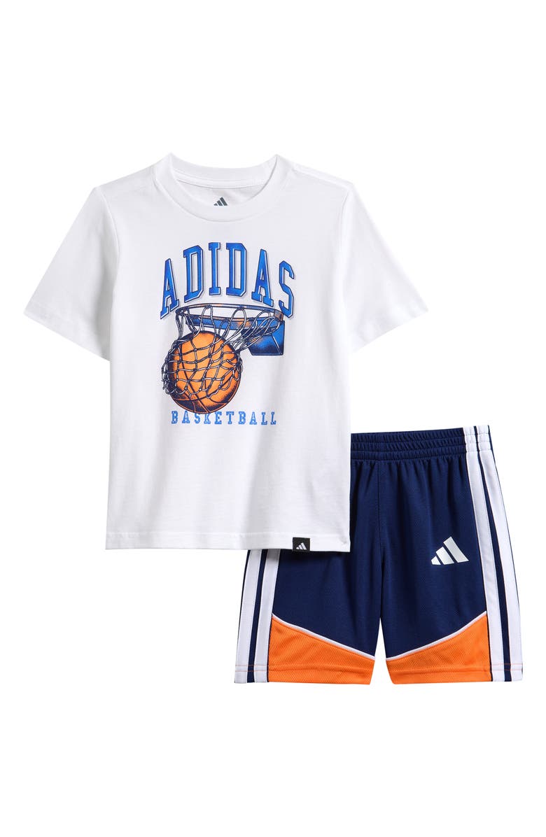 adidas Kids' Graphic Print Jersey T-Shirt & Colorblock Shorts Set, Main, color, White