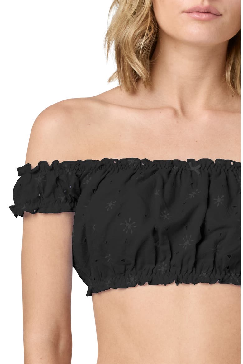 Embroidered Eyelet Off the Shoulder Crop Top, Alternate, color, BLACK