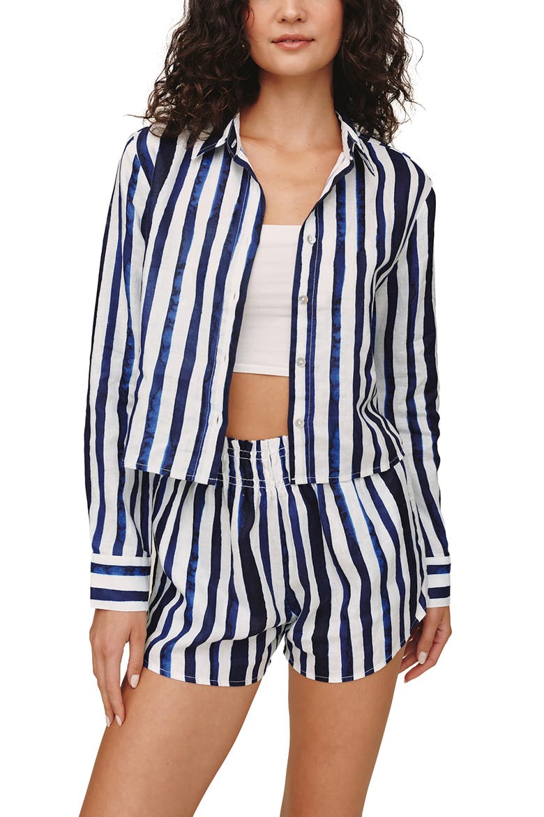Stripe Linen Button-Up Crop Shirt, Main, color, PAINTED TIDES STRIPES