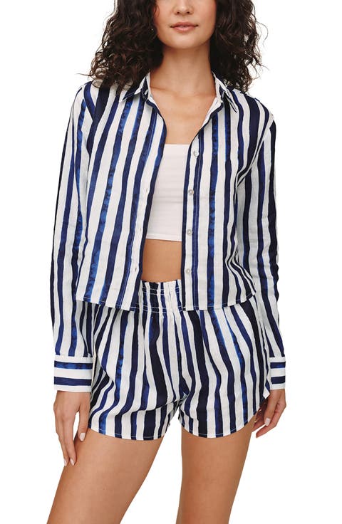 Stripe Linen Button-Up Crop Shirt